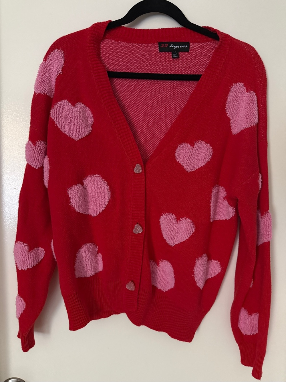 32 Degrees Red Cardigan Sweater with Pink Heart Motif